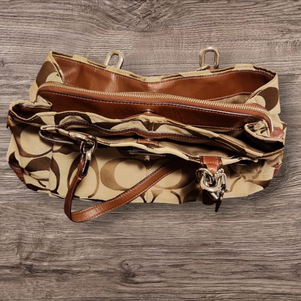 Coach Signature Tote with brown leather and silver chain links. - Picture 7 of 9